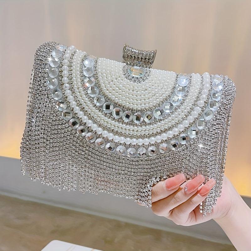 Pearl Rhinestone Tassel Minaudiere Evening Bag