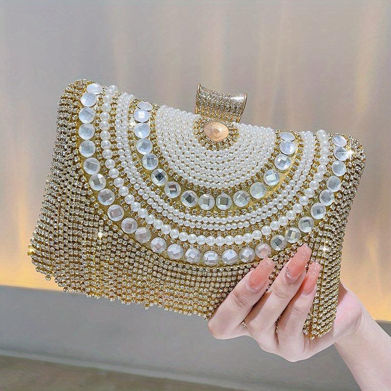 Pearl Rhinestone Tassel Minaudiere Evening Bag