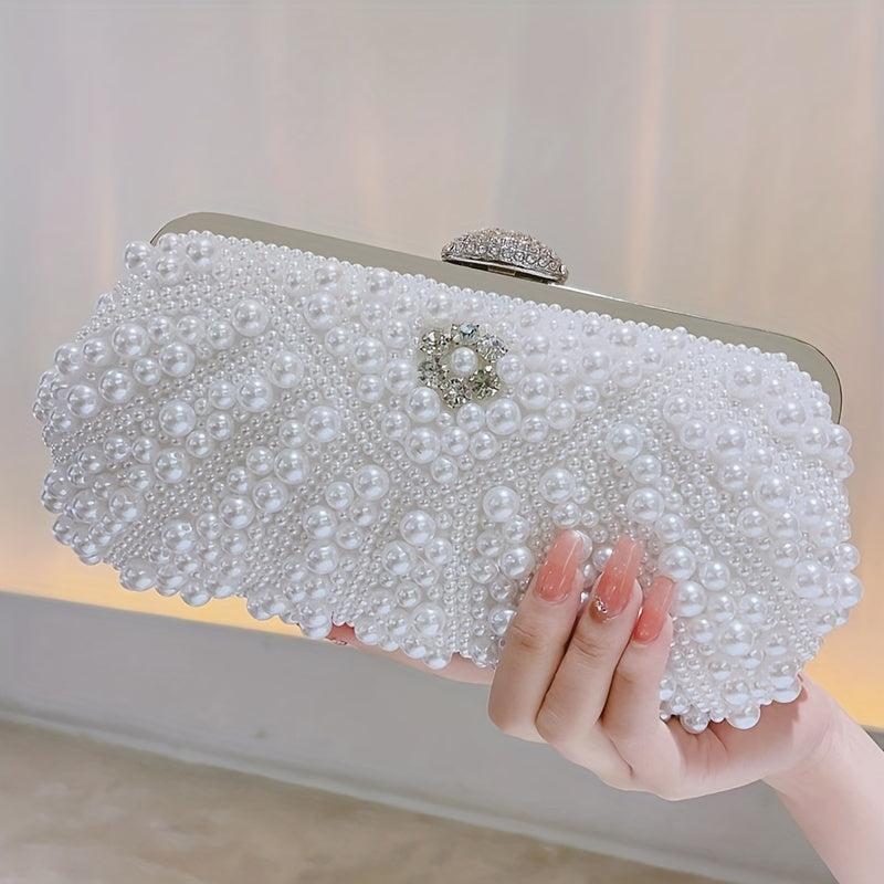Pearl & Diamond Shell Event Clutch Bag with Metal Chain