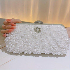 Pearl & Diamond Shell Event Clutch Bag with Metal Chain
