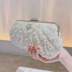 Pearl & Diamond Shell Event Clutch Bag with Metal Chain