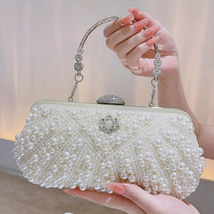 Pearl & Diamond Shell Event Clutch Bag with Metal Chain