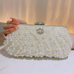 Pearl & Diamond Shell Event Clutch Bag with Metal Chain