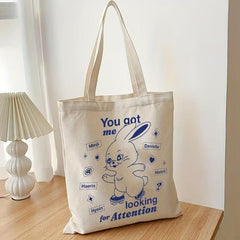 Rabbit Pattern Canvas Shopping Bag Large Capacity Tote Bag