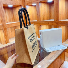 HELLO WEEKEND Print Burlap Tote Bag Lightweight Storage Handbag
