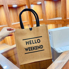 HELLO WEEKEND Print Burlap Tote Bag Lightweight Storage Handbag