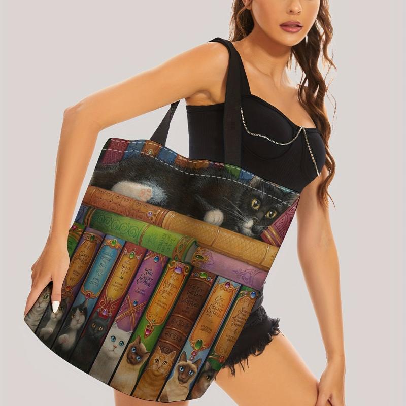 Magic Books Cat Print Handbag Large Travel Beach Shoulder Bag