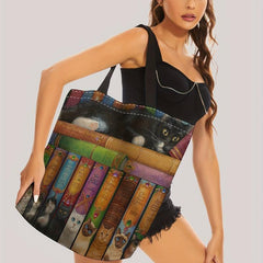 Magic Books Cat Print Handbag Large Travel Beach Shoulder Bag