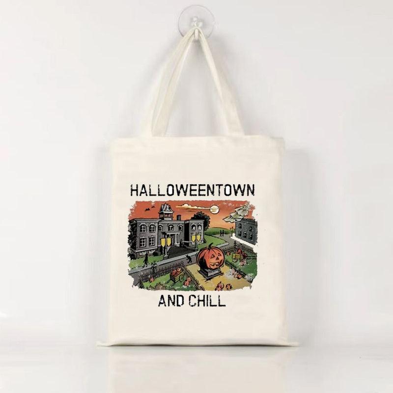 Halloween Ghost Skull Pumpkin Print Canvas Bag Top Handle Shoulder Bags