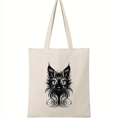 Cartoon Cat Print Canvas Shoulder Bag Shopping Handbag Lightweight Bag
