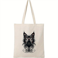 Cartoon Cat Print Canvas Shoulder Bag Shopping Handbag Lightweight Bag