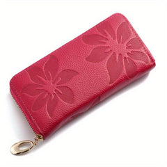 Flower Embossed Long Wallet Zipper Con Purse