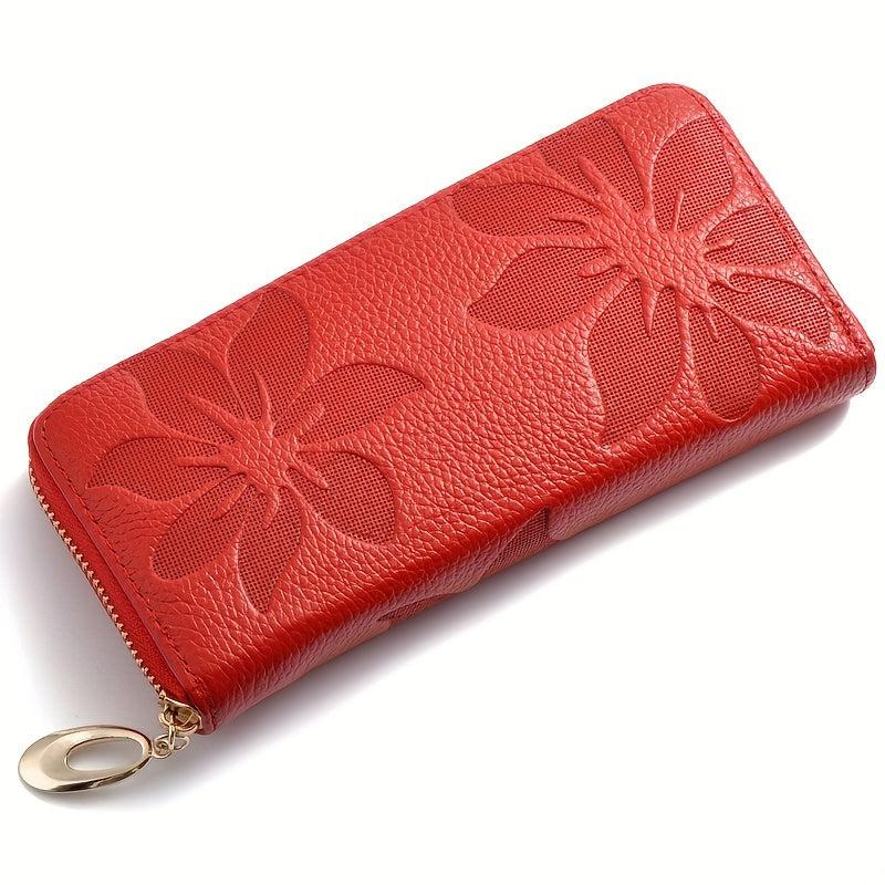 Flower Embossed Long Wallet Zipper Con Purse
