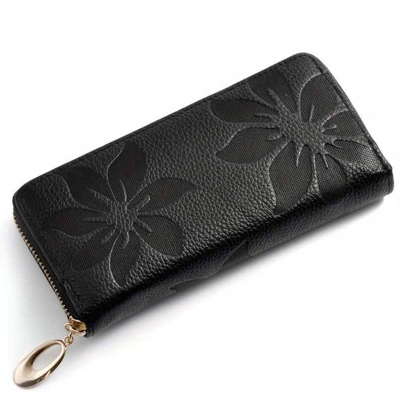 Flower Embossed Long Wallet Zipper Con Purse