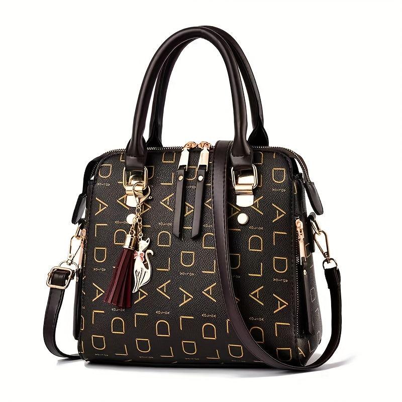 Letter Pattern Square Satchel Bag Classic Tote Handbag