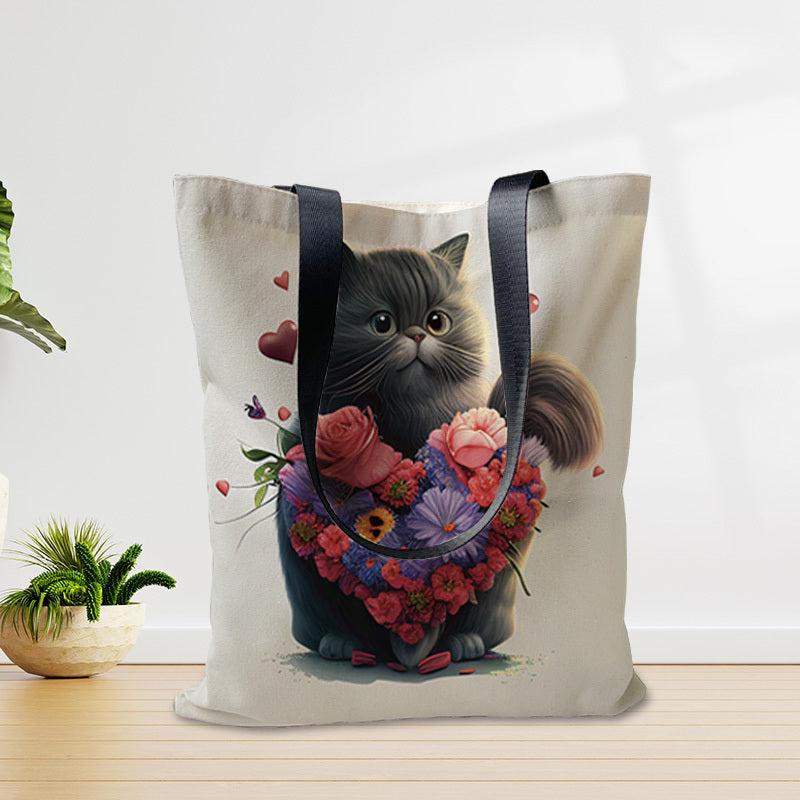 Cat Print Canvas Tote Bag Women's Shoulder Bag Reusable Shopping Handbag