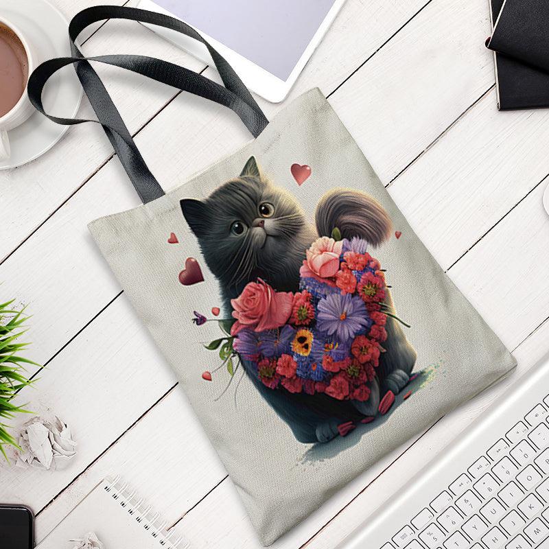 Cat Print Canvas Tote Bag Women's Shoulder Bag Reusable Shopping Handbag