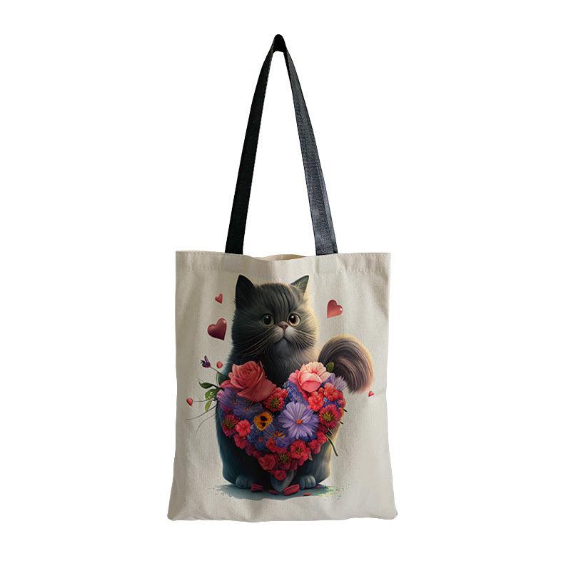Cat Print Canvas Tote Bag Women's Shoulder Bag Reusable Shopping Handbag