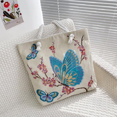 Butterfly Embroidery Tote Bag Large Capacity Retro Shoulder Handbag