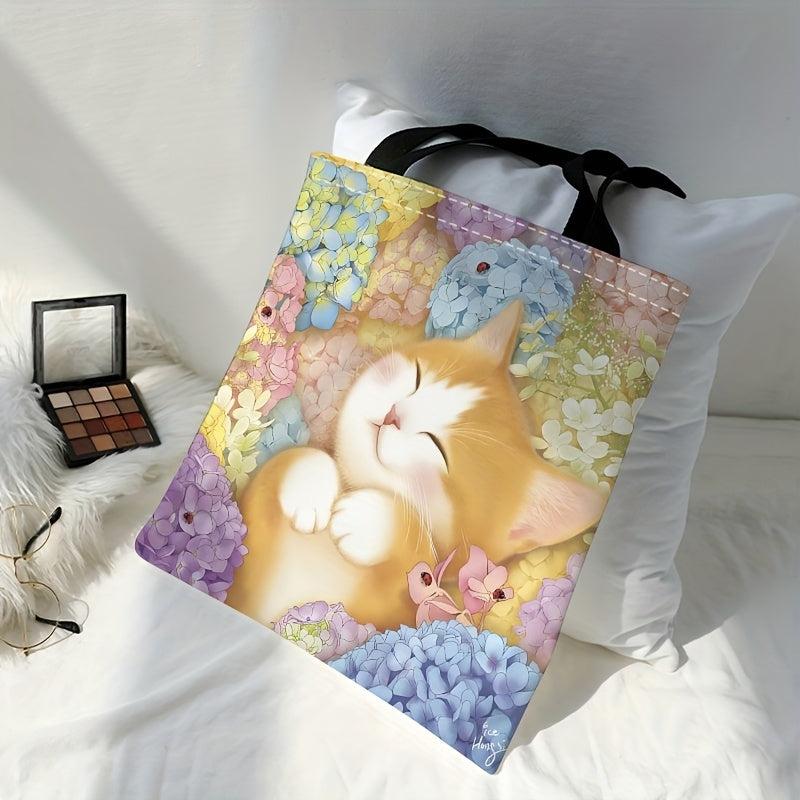 Floral Cat Print Canvas Tote Bag Travel Beach Shoulder Large Shopping Bag