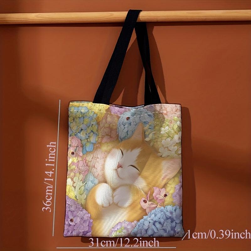 Floral Cat Print Canvas Tote Bag Travel Beach Shoulder Large Shopping Bag