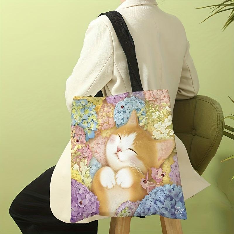 Floral Cat Print Canvas Tote Bag Travel Beach Shoulder Large Shopping Bag