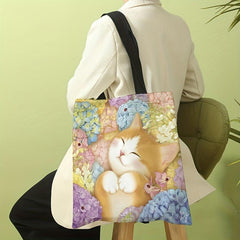 Floral Cat Print Canvas Tote Bag Travel Beach Shoulder Large Shopping Bag