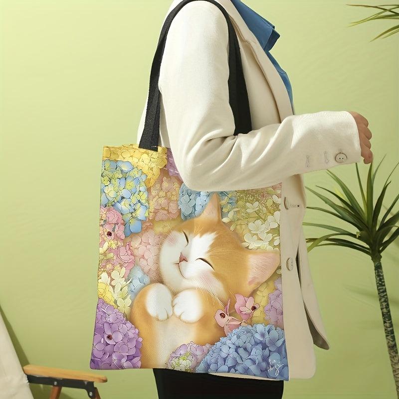 Floral Cat Print Canvas Tote Bag Travel Beach Shoulder Large Shopping Bag