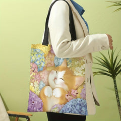 Floral Cat Print Canvas Tote Bag Travel Beach Shoulder Large Shopping Bag