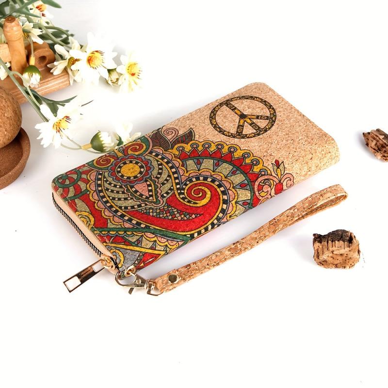Ethnic Print Mini Long Wallet Zipper Clutch Purse Wristlet Bag