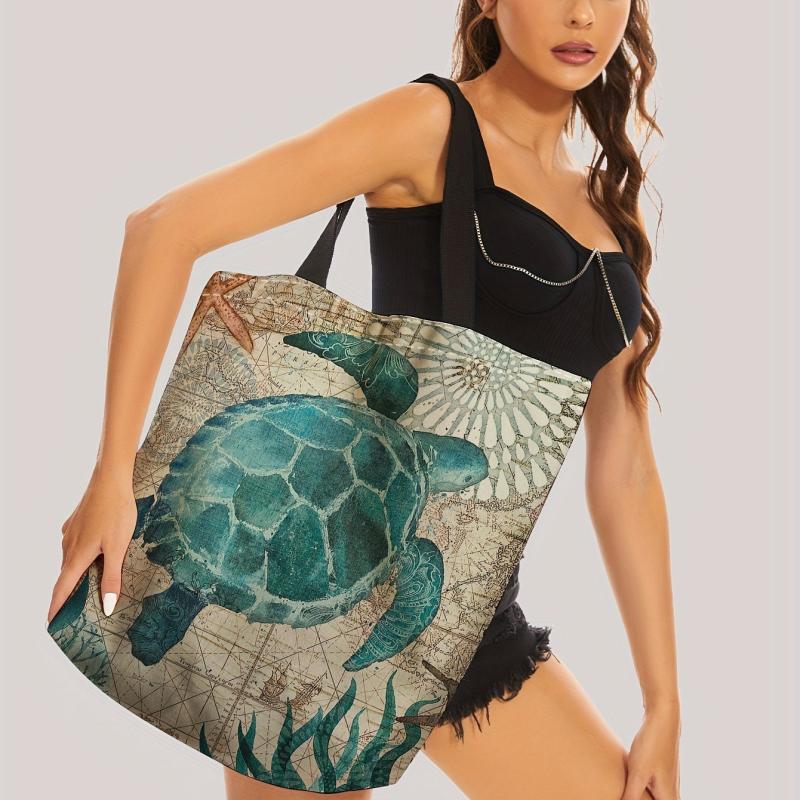 Seaweed Turtle Print Handbag Summer Travel Beach Shoulder Bag