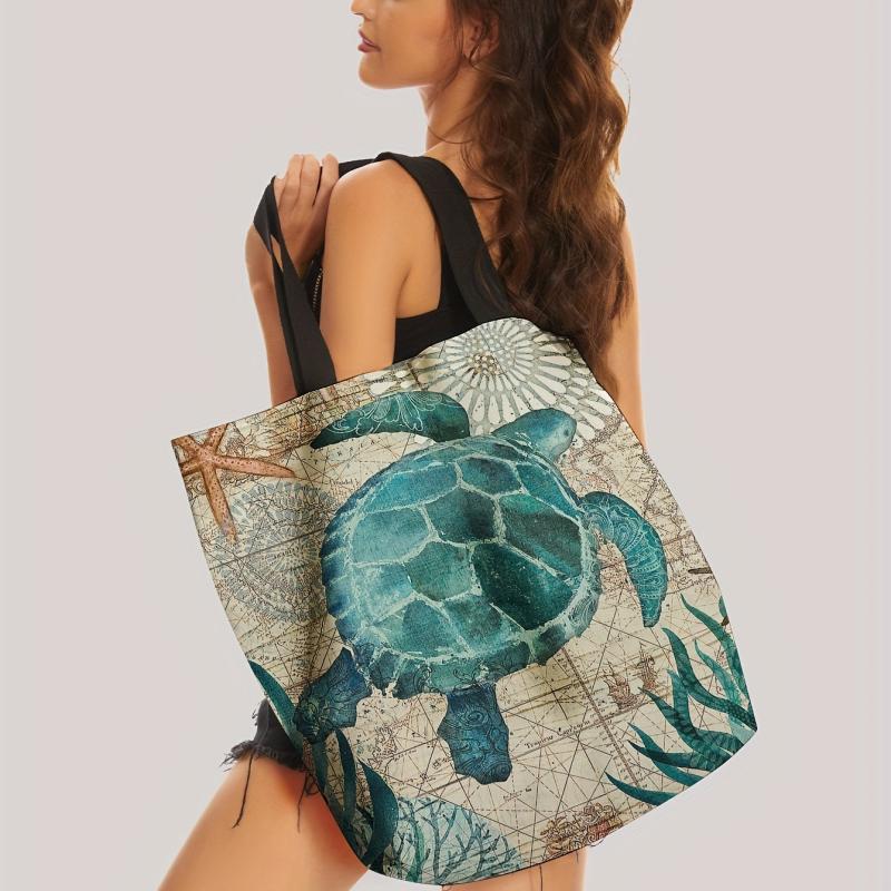 Seaweed Turtle Print Handbag Summer Travel Beach Shoulder Bag