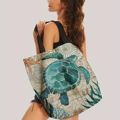 Seaweed Turtle Print Handbag Summer Travel Beach Shoulder Bag