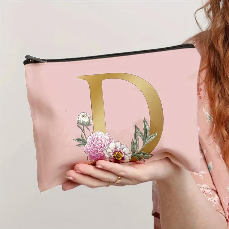 Flower & Letter Print Zipper Storage Bag Clutch Pouch