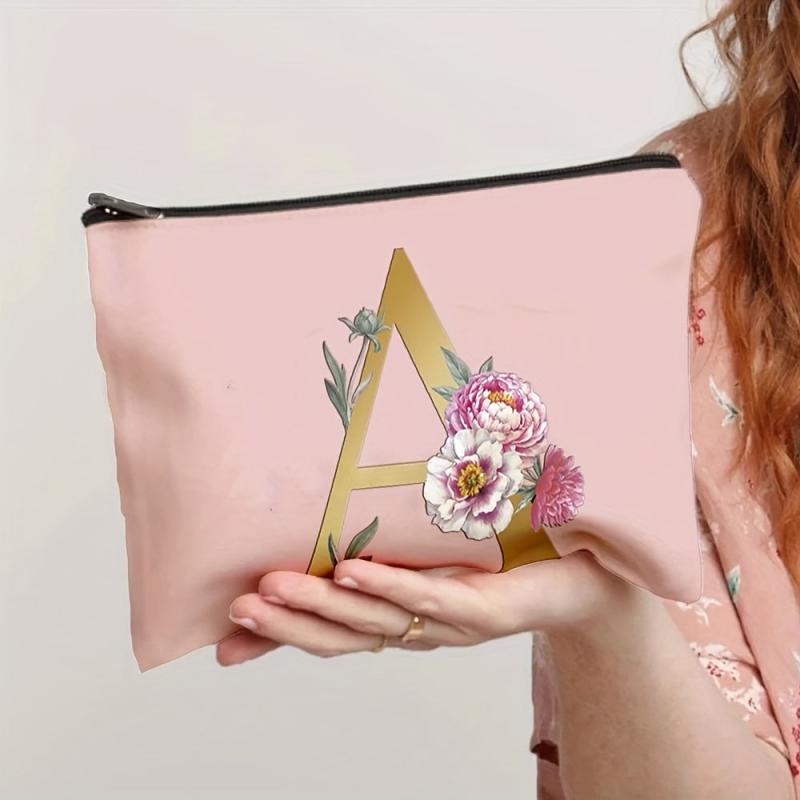Flower & Letter Print Zipper Storage Bag Clutch Pouch
