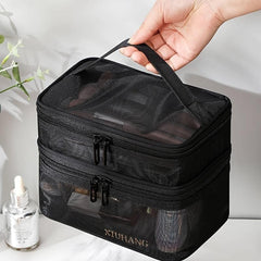 Double Layer Cosmetic Bag Travel Mesh Cosmetic Storage Bag Large Toiletry Bag