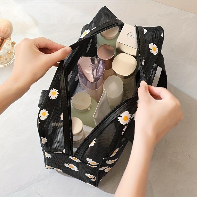 Daisy Pattern Mesh Bag Zipper Makeup Toiletry Wash Bag