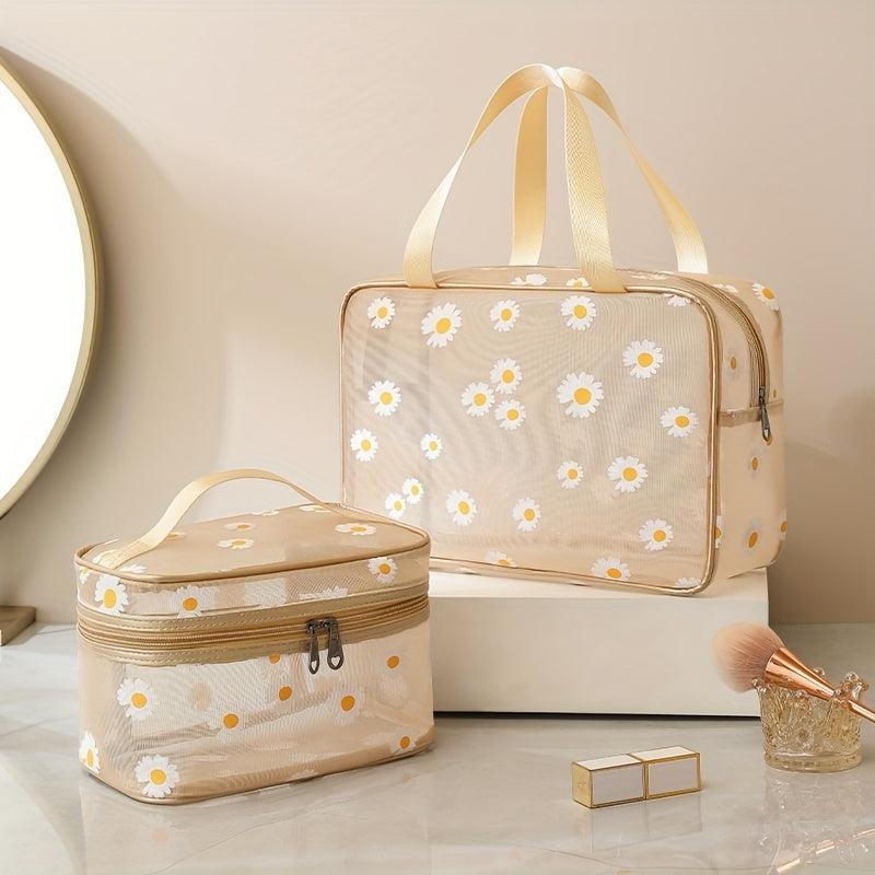 Daisy Pattern Mesh Bag Zipper Makeup Toiletry Wash Bag
