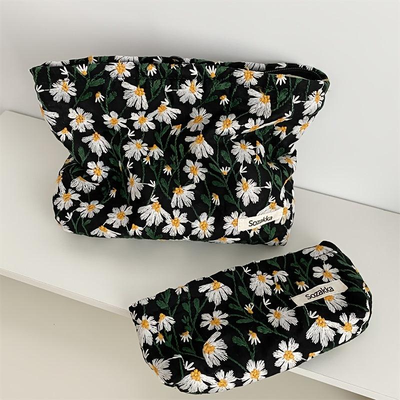Daisy Flower Embroidery Cosmetic Bag Fabric Storage Pouch