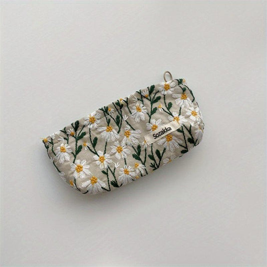 Daisy Flower Embroidery Cosmetic Bag Fabric Storage Pouch