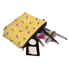 Yellow Cartoon Bee Print Makeup Storage Bag Portable Zipper Cosmetic Bag