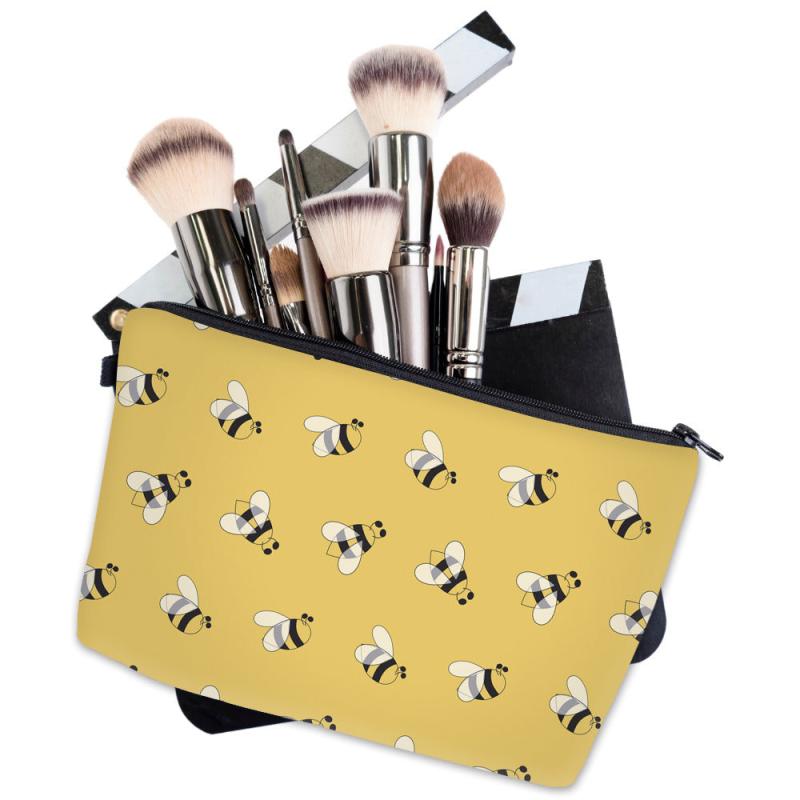 Yellow Cartoon Bee Print Makeup Storage Bag Portable Zipper Cosmetic Bag