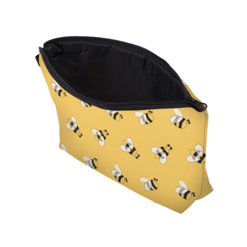 Yellow Cartoon Bee Print Makeup Storage Bag Portable Zipper Cosmetic Bag