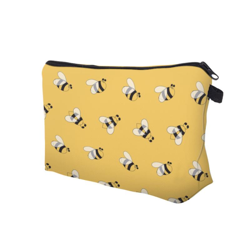 Yellow Cartoon Bee Print Makeup Storage Bag Portable Zipper Cosmetic Bag