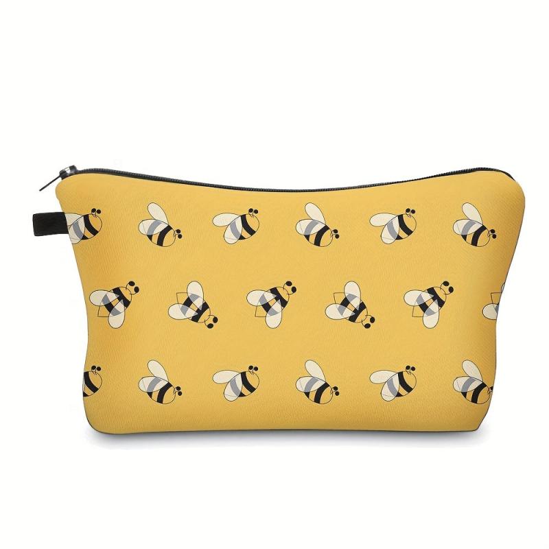 Yellow Cartoon Bee Print Makeup Storage Bag Portable Zipper Cosmetic Bag