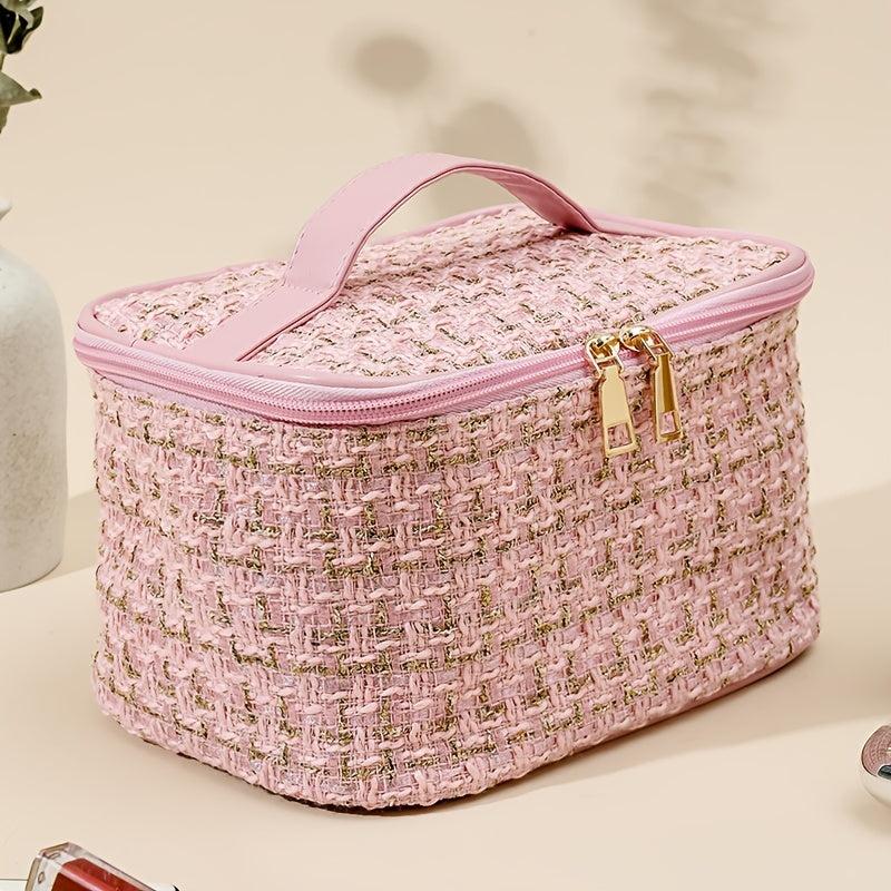 Grid Tweed Zipper Clutch Bag Large Capacity Cosmetic Bag