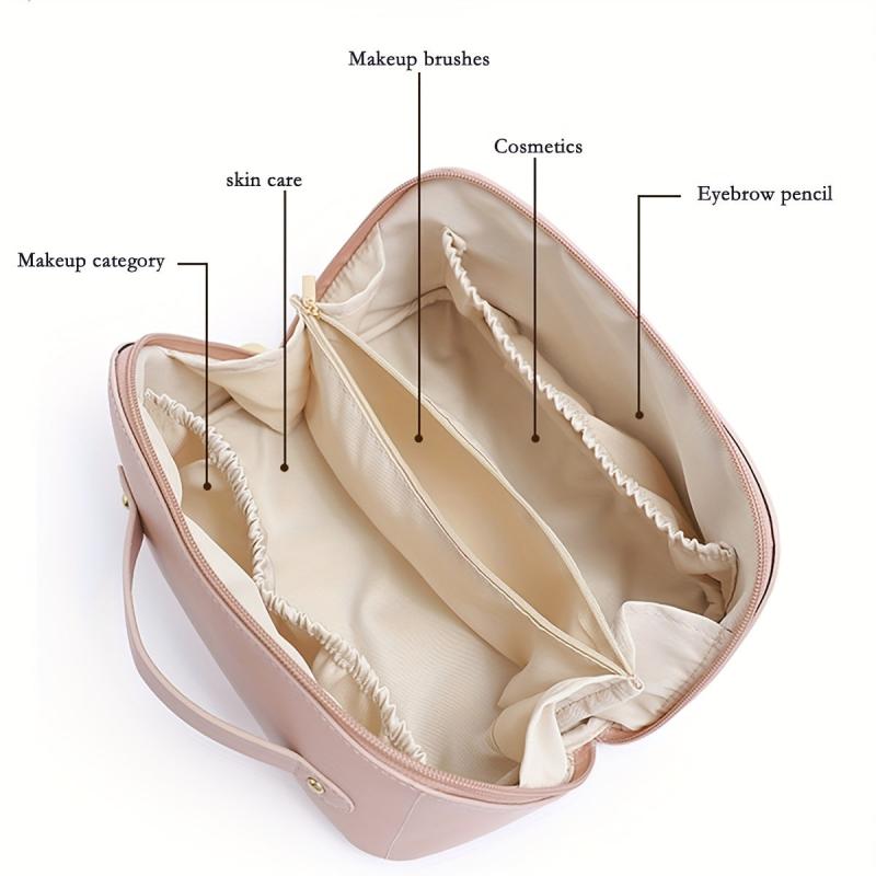 Pink PU Leather Waterproof Cosmetic Bag Large Capacity Toiletry Bag