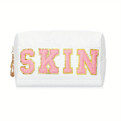 Chenille Letter Pattern Makeup Pouch Zipper Travel Storage Bag