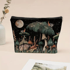 Snail & Mushroom Print Zipper Pouch Makeup Travel Clutch Bag