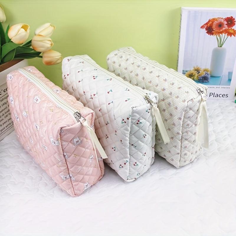 Floral Print Quilted Cosmetic Bag Storage Clutch Organizer Pouch